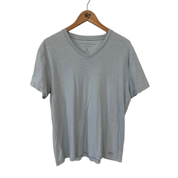 Calvin Klein V Neck Tee Size Large Short Sleeve Blue Cotton Casual Essentials - Picture 1 of 6